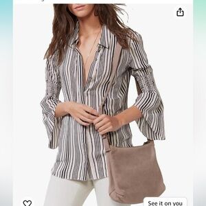 Halston Heritage Smocked Detail Bell Sleeve Striped Button Up Blouse Top XS